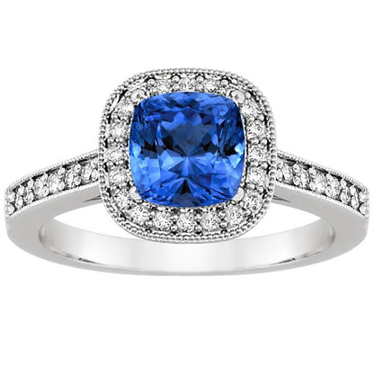 Cushion Sri Lanka Blue Sapphire Diamonds    Ring White Gold   Gemstone Ring