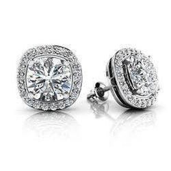 Cushion And Round Diamond Halo Stud Earrings 4.70 Carats Gold 14K