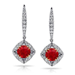 Dangle Diamonds Two Tone Gold 14K Ruby Earrings New 4.20 Carats