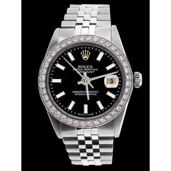 Diamond Bezel Rolex Men Watch Black Stick Dial Ss Jubilee