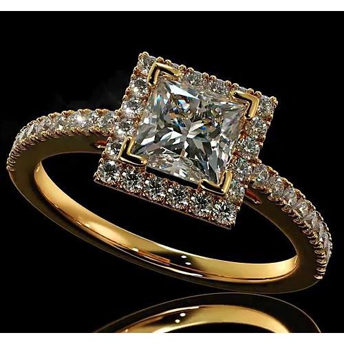 Diamond Engagement Ring 3.50 Carats Halo Princess Cut 14K Yellow Gold Halo Ring