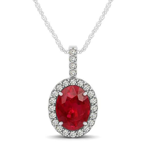 Diamond Pendant Necklace Oval And Round Cut 9.10 Ct With Ruby White Gold 14K Gemstone Pendant