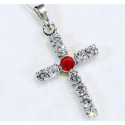 Natural Earth Mined Diamond Pendant Ruby 3.25 Carats Cross White Gold 2.5 Inches