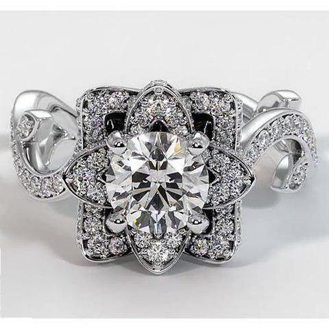 Diamond Ring Lotus Flower 2.50 Carats 4 Prong Setting White Gold Engagement Ring
