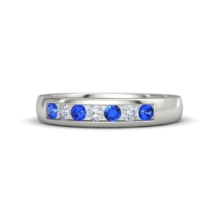 Diamond Round Blue Sapphire Band F Vs1 Vvs1 White Gold 14K Gemstone Ring