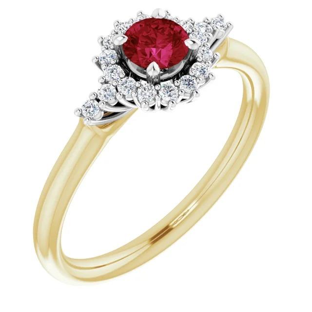 Diamond Round Ruby Ring Halo Style Yellow Gold  Womans  Gemstone Ring