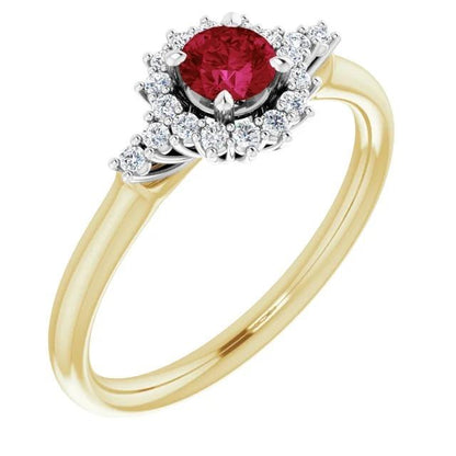 Diamond Round Ruby Ring Halo Style Yellow Gold  Womans  Gemstone Ring