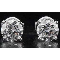 Natural Earth Mined Diamond Stud Earrings 2 Carats Four Prong Round White Gold 14K