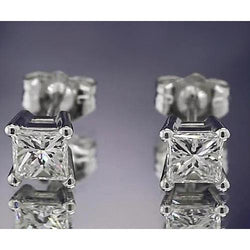 Natural Earth Mined Diamond Studs Earring 1.50 Carats Princess Cut White Gold 14K F Vs1