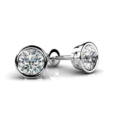 Diamond Women Stud Earrings  White Gold Bezel Set Round Cut Stud Earrings