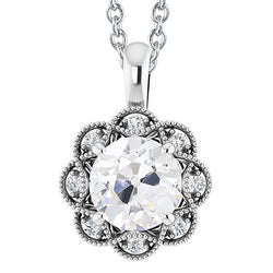 Diamond Pendant Flower Style Old Mine Cut 4 Carats Slide With Chain