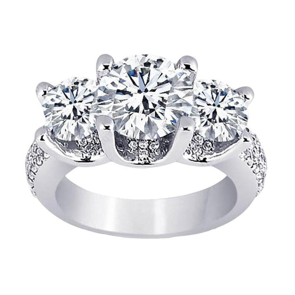 Diamonds Pave  Three Stone Engagement Ring White Gold 14K 4.11 Carat Three Stone Ring