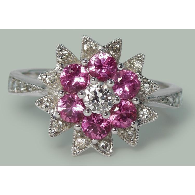  Half bazel fancy Diamonds & Pink Sapphires   Flower Style Ring White Gold  Gemstone Ring