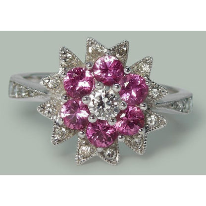  Half bazel fancy Diamonds & Pink Sapphires   Flower Style Ring White Gold  Gemstone Ring