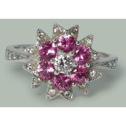 Diamonds & Pink Sapphires 1.15 Ct. Flower Style Ring White Gold 18K