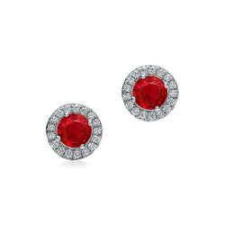 Round Lady Halo Studs Earrings Red Ruby And Diamonds 3.50 Ct. New
