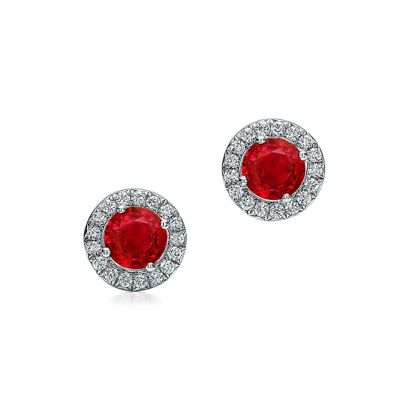 Diamonds  Fancy Princess Cut Style  Round Cut Lady Halo Studs Earrings Red Ruby With   White Gold   Gemstone Earring