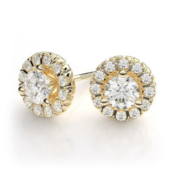 Diamonds Women Studs Halo Earrings 2.60 Carats Yellow Gold 14K