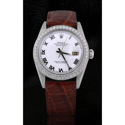 Dj Rolex Roman Dial Diamond Bezel Watch Brown Leather Band Ss QUICK SET