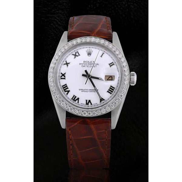 Dj Rolex Roman Dial Diamond Bezel Watch Brown Leather Band Ss Rolex