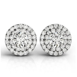 Double Halo Round Diamond Lady Stud Earrings 2.10 Carats Gold 14K