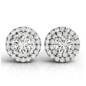 Double Halo  Round Diamonds Lady Studs Earrings White Gold  