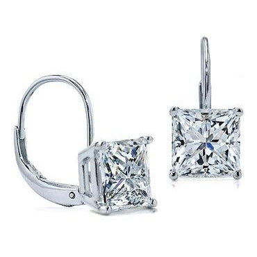  Princess Cut Diamond Earrings White Gold Leverback Earrings