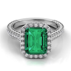 Green Emerald And Diamond Wedding Ring White Gold Jewelry 21.50 Ct