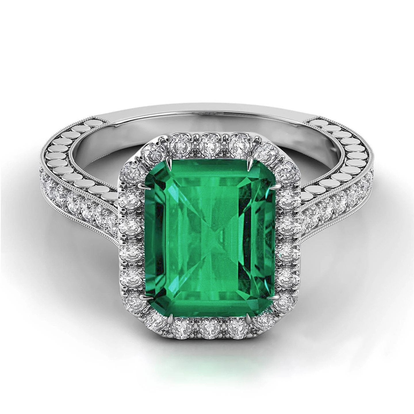  Sparkling Unique Lady’s Emerald And Diamond Wedding Ring White Gold Jewelry Gemstone Ring