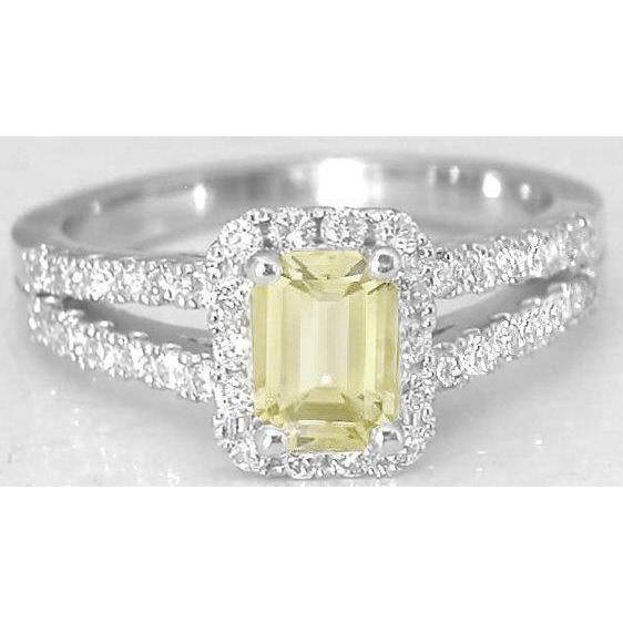 Emerald And Round Cut  Fancy Lady’s  Yellow Sapphire Diamonds  White Gold  Gemstone Ring