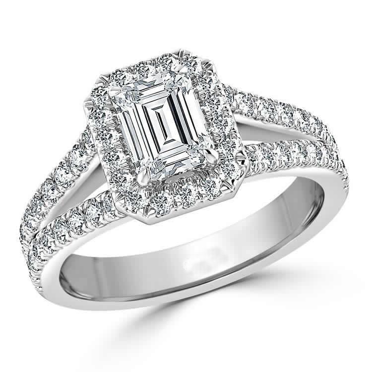 Emerald Cut 2.70 Carats Diamonds Engagement Ring 14K White Gold Halo Ring