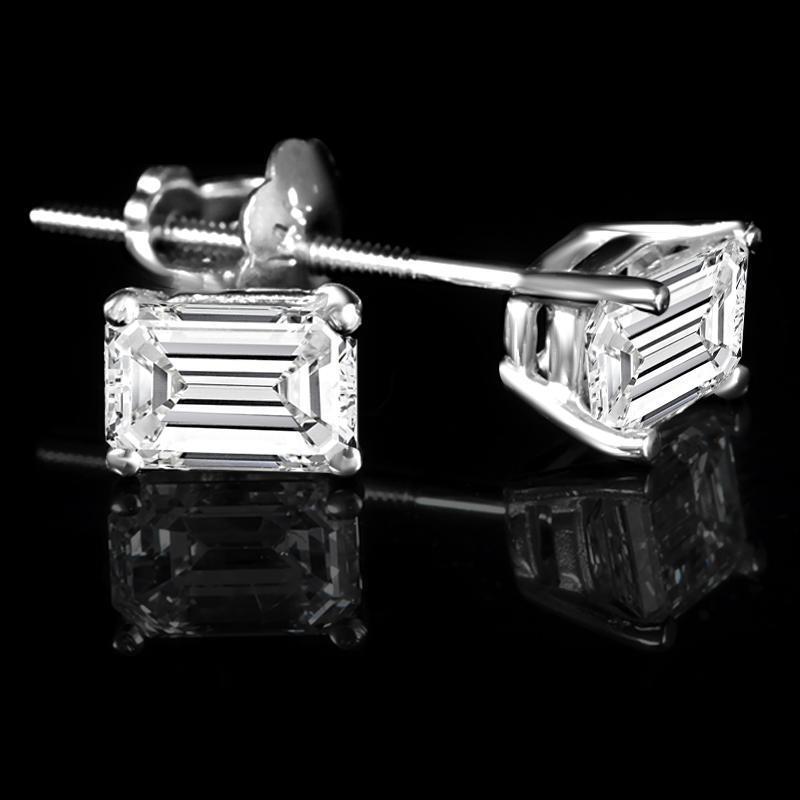 Emerald Cut Diamond White Gold  Four Prong Round Diamond Stud Earring Stud Earrings