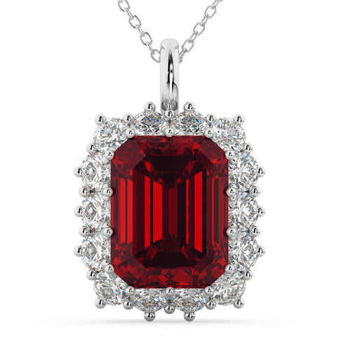 Emerald Cut Red Ruby And Diamond Women Pendant White Gold 9.75 Ct. Gemstone Pendant
