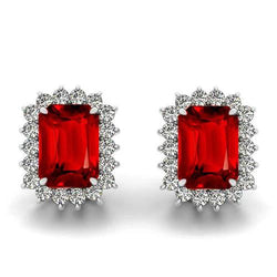 Natural Real ( Not Lab Grown )  Emerald Cut Ruby 10 Carats Stud Earrings White Gold 14K