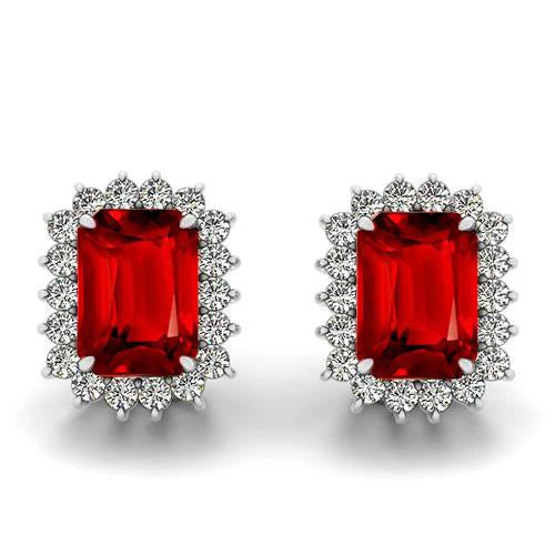 Best amazing weeding  Emerald Cut Ruby With Round Diamonds 10 Ct Studs Earrings White Gold  Gemstone Earring