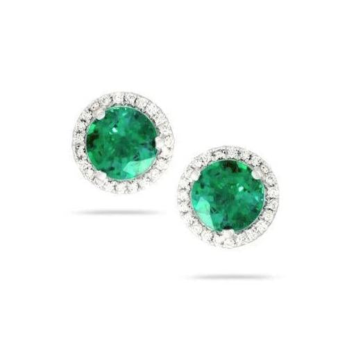 Emerald With Diamond Round Shape White Gold 14K Women Stud Earring Halo Gemstone Earring