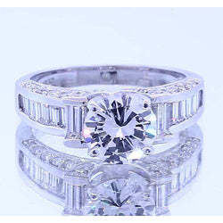 Engagement Ring Round & Baguettes Natural Earth Mined Diamond 2.50 Carats