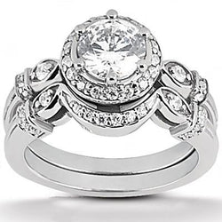 Diamond Engagement Halo Ring Band Set 1.45 Carats White Gold 14K