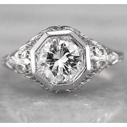 Filigree Round Diamond Ring White Gold 14K F Vs1 Engagement Ring