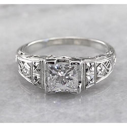 Real  Filigree Style Princess Diamond Ring 1 Carat White Gold 14K