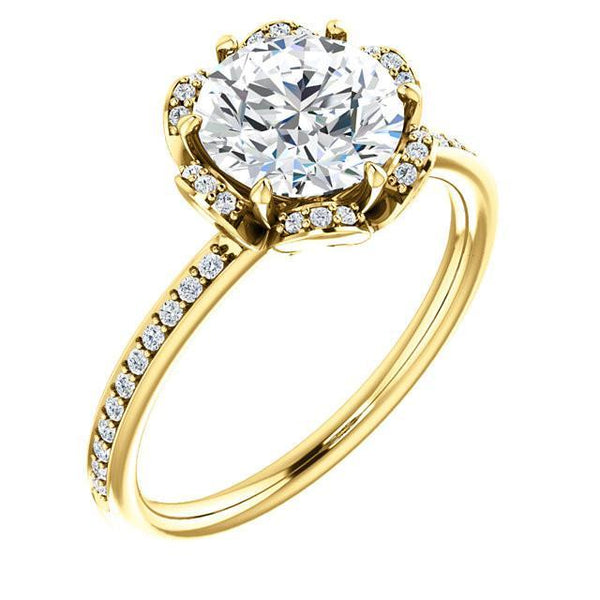 Flower Style 1.71 Carat Round Brilliant Diamond Engagement Halo Ring Yellow Gold 14K Halo Ring