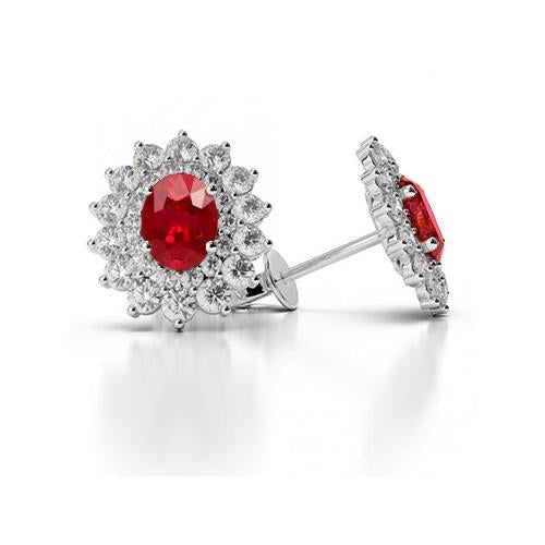 Flower Style 6 Ct Red Ruby With Diamonds Studs Earrings White Gold Gemstone Earring