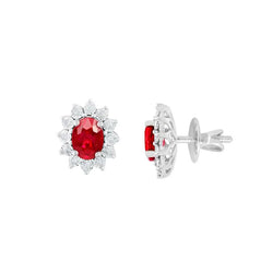 Flower Style Studs Earrings 5 Ct Ruby And Natural Earth Mined Diamonds White Gold 14K