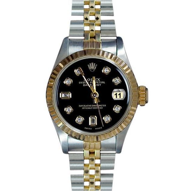 Fluted Bezel Rolex Ss & Gold Baguette Diamond Dial Datejust Watch Rolex