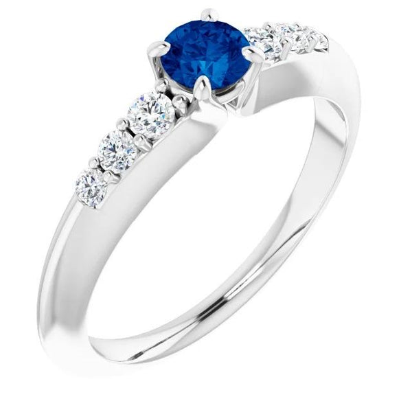 Lady’s Brilliant Four Prong Diamond Round Blue Sapphire  Ring Gemstone Ring