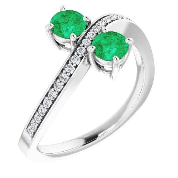 Toi et Moi Round Green Emerald Diamond  White Gold