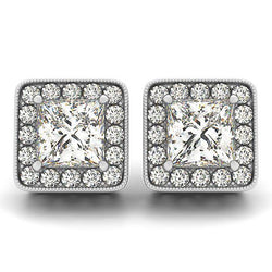Gorgeous 3.32 Carats Princess & Round Cut Diamonds Halo Stud Earring