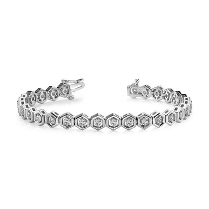 Gorgeous Two Prong Set Round Diamond 7 Carats Hexagon Link Bracelet White Gold Tennis Bracelet