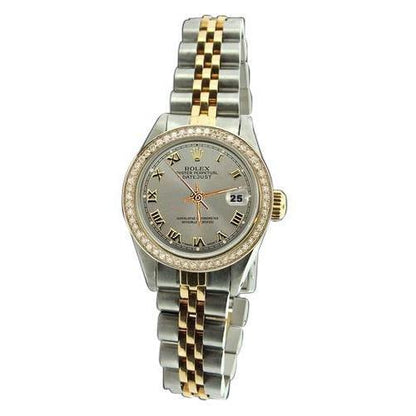 Gray Roman Dial Diamond Bezel Ss & Gold Rolex Lady Watch Datejust Rolex