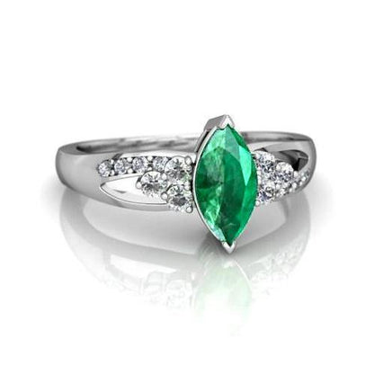 Green Emerald With Diamonds  Lady’s Brilliant Engagement  Ring White Gold  Gemstone Ring